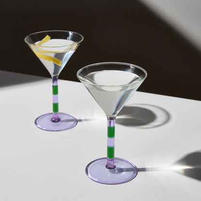 TWO x STRIPED MARTINI GLASSES - LILAC + GREEN - Fazeek Drinkware Coupe Glass