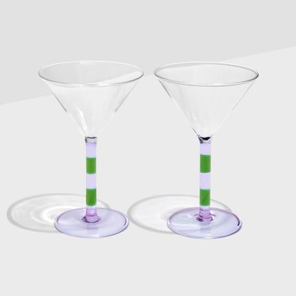 TWO x STRIPED MARTINI GLASSES - LILAC + GREEN - Fazeek Drinkware Coupe Glass